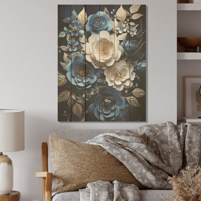 «Blue and White Roses» Moonlight Grace I - Roses, art sur bois de pin naturel