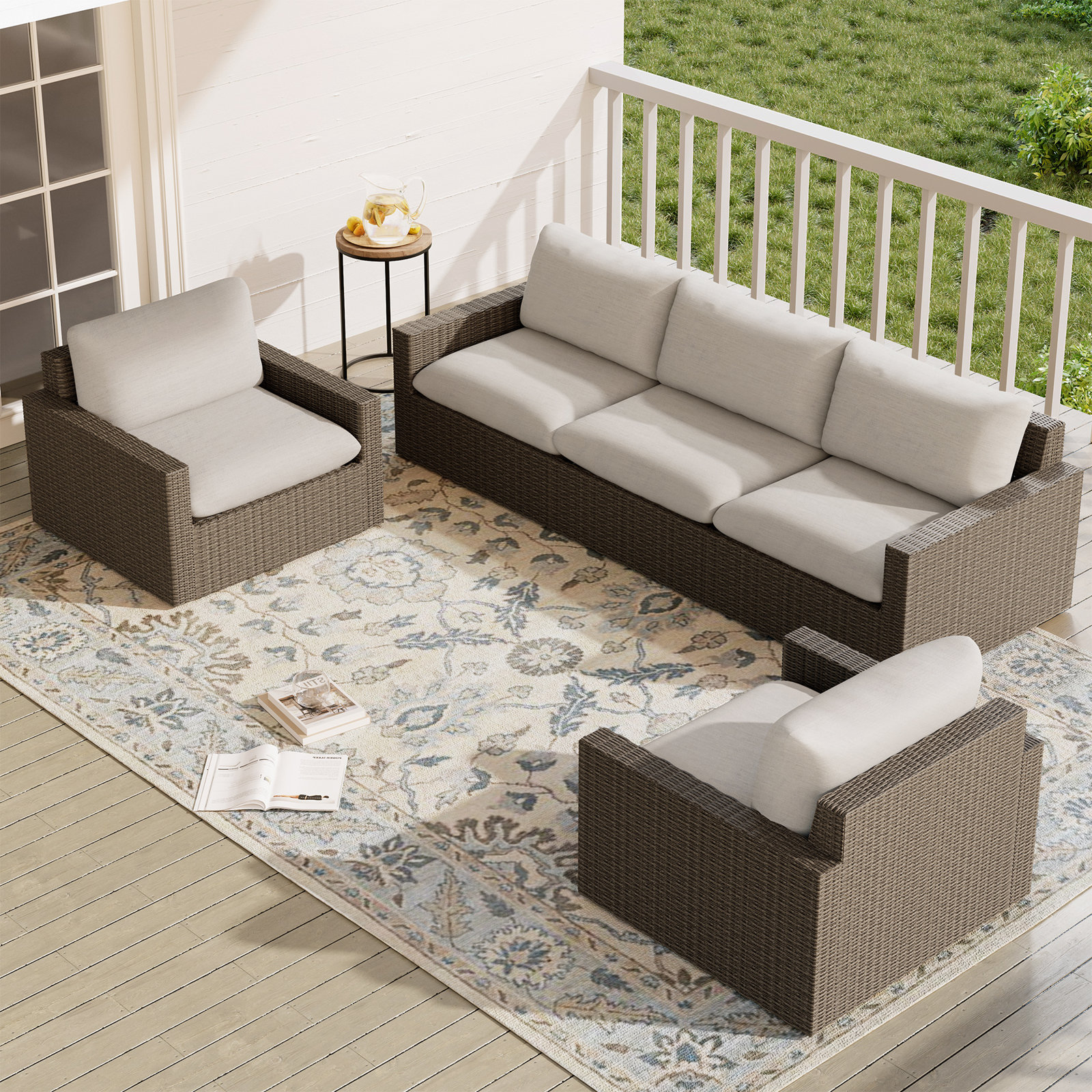 Pippa Wicker Outdoor Conversation Set, 3Pcs:Armchair, 2 Armless Sofas