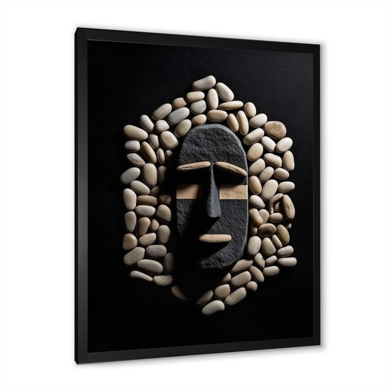 Masque tribal africain noir et blanc II - reproduction sur toile, Cadre simple noir, H 40 po x l 30 po x P 1,5 po