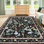 Tapis floral lavable 5 x 7 po, tapis à poils courts antidérapant, tapis résistant aux taches pour le salon, la chambre à coucher, la salle à manger, noir