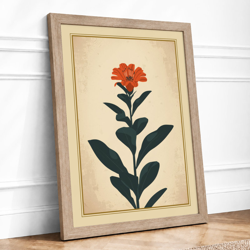 Single Stem in Red Botanical - Framed Print, A4 - 29.7 x 21.0 cm, Oak