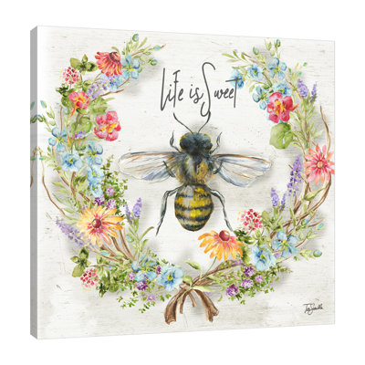 «Honey Bee and Herb Blossoms Wreath», reproduction sur toile tendue