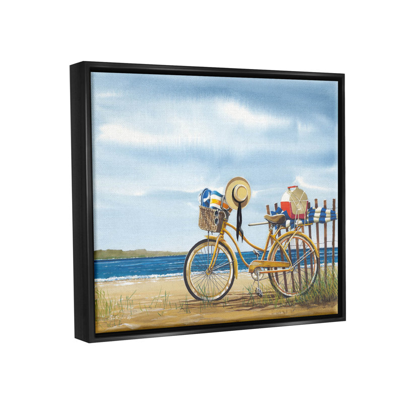 «Summer Bike Beach Day Waves» par John Rossini - peinture sur toile à cadre flottant, Cadre noir