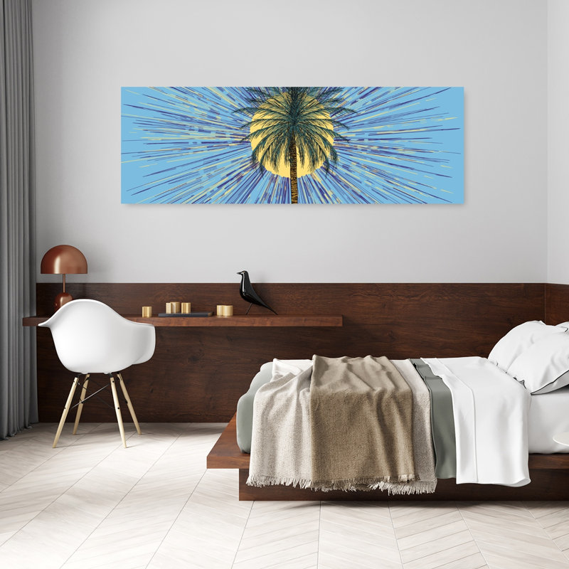 «Vibrant Palm Sunburst», art abstrait de palmiers abstraits, nature, été, H 60 po x l 20 po