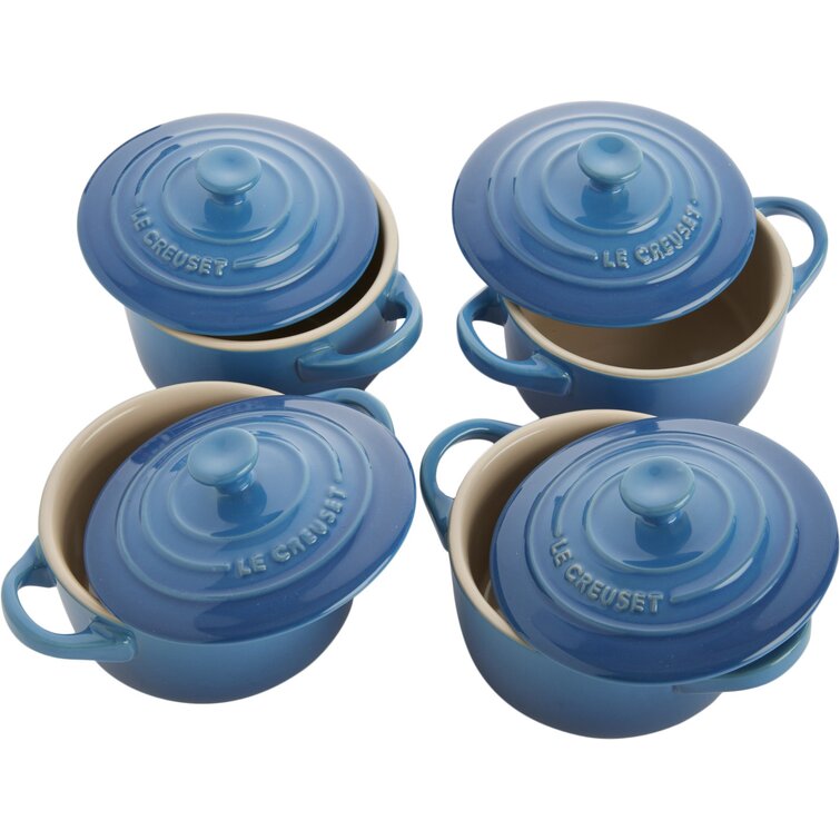 Le Creuset Stoneware 8 ounce Mini Round Cocotte Set of 5 Deep Teal Seconds  NEW