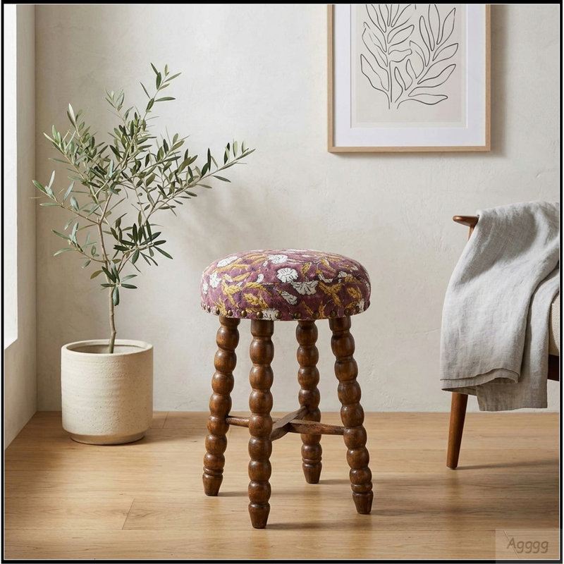 Tabouret de bar rembourré avec structure en bois d'acacia massif Spindle, Yellow Floral