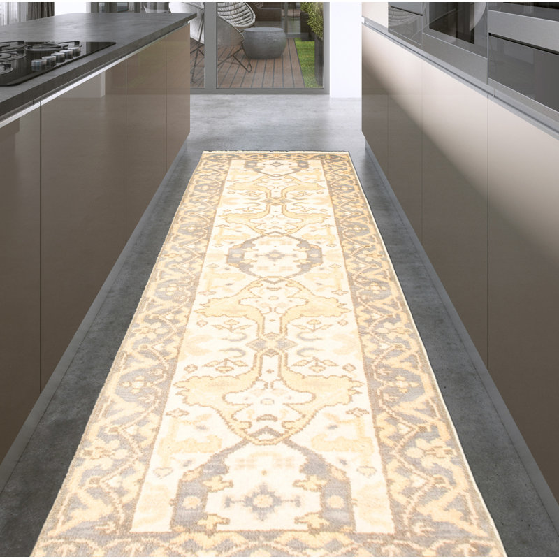 Tapis de couloir en Tapis décoratif laine noué à la main de conception unique noué à la main New Age 2 pi 6 po x 7 pi 8 po Ivoire/gris clair