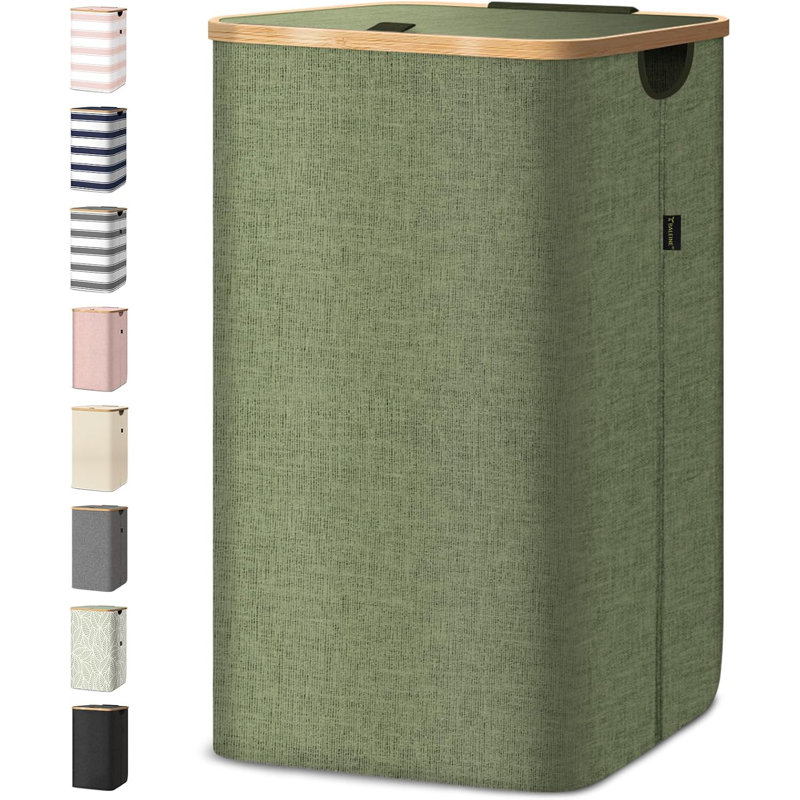 Laundry Hamper Basket with Lid, Bamboo Handles and Sturdy Frame, 104 qt, Green