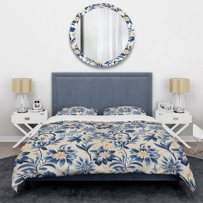 Blue And Beige Ethnographic Damask Floral Motif Box Stitch Damask Duvet Cover