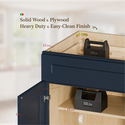 Meuble bas de style Shaker bleu marine de 38 cm (15 po), porte et tiroir à fermeture douce, unité en bois massif avec étagère réglable, rangement RTA pour cuisine, salle de bain, buanderie, garage, comptoir non inclus (38 cm L x 61 cm P x 88 cm H)