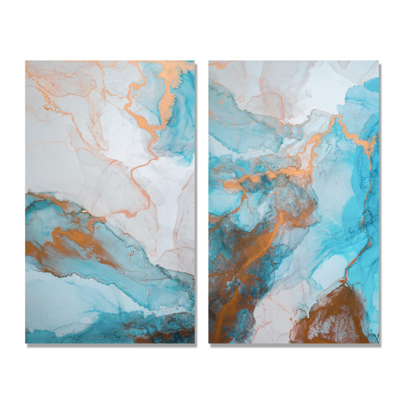«Luxury Gold Turquoise Marbré Flow Art II», ensemble de 2 impressions sur toile, Toile tendue, 20" H x 24" W x 1" D