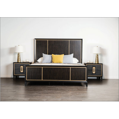Yada Queen Bed W Gold Trim Accents, Tapered Legs, Espresso Brown Wood