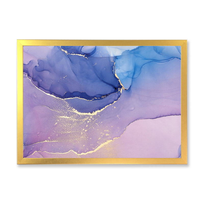 «Pink and Blue Ink Clouds III», peinture sur toile, H 30 po x l 40 po, Cadre doré