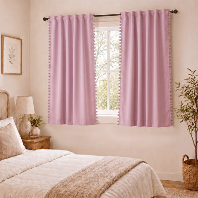  Pink Pom Pom Curtains for Nursery Baby Girls Room 46"x54" in Pink