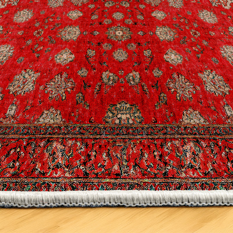 Tapis oriental en coton et polyester rouge Mottos, Rond 3 pi 4 po