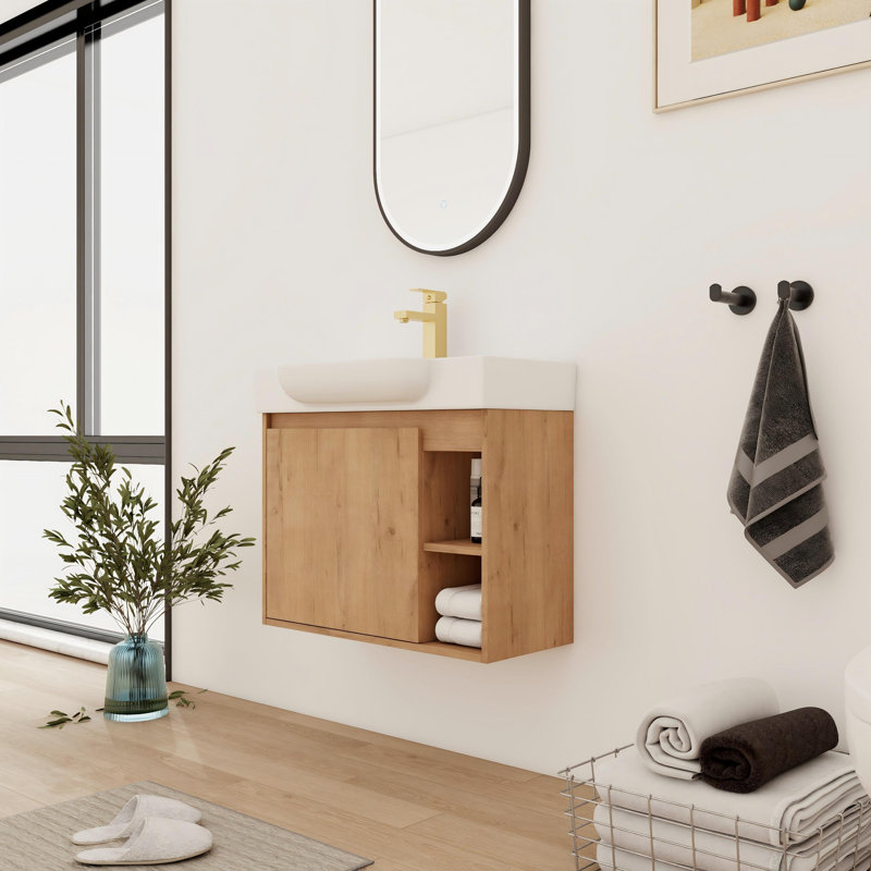 28'' Single Bathroom Vanity With Ceramic Top, Imitative Oak, 28"