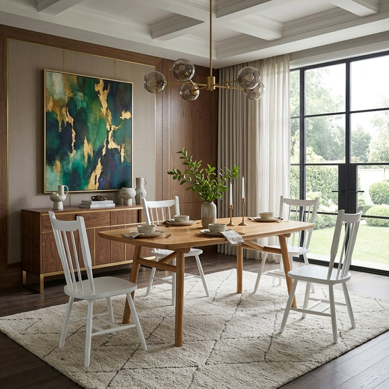 Modern Farmhouse Dining Set - Solid Wood Table With Rounded Corners & Anti-Wobble Triangle Legs - Classic Windsor Chairs With Spindle Back - 5/7 Piece Kitchen & Dining Room Set