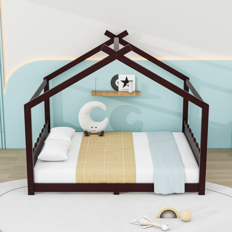Wood House Floor Bed With Slats, Espresso, Queen