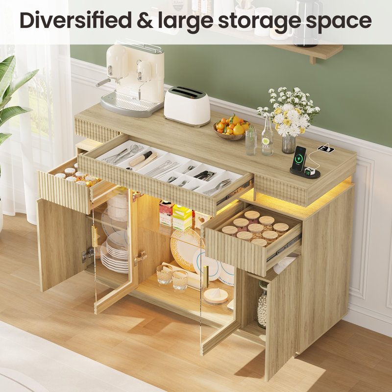 47.24" Sideboard, Modern Style Dining Sideboard, Featuring 3 Drawers And Transparent Glass Doors, With Built-In Led-Lit Display Cabinet, Including Usb Ports, Type-C Ports, And Motion Sensors.