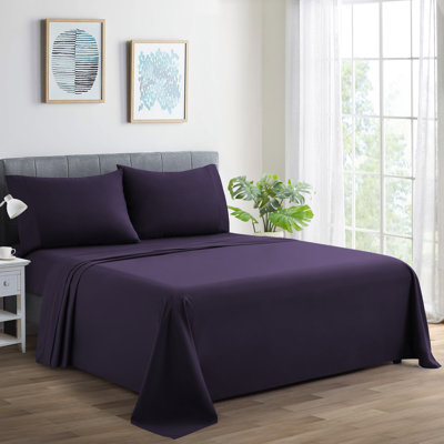 Marina Decoration 600 Thread Count Home Bedding Bedroom Soft Bedsheet Deep Pocket Hotel Standard Solid Percale All Season 3 Pieces Cotton Sheet Set with 1 Pillowcase, Eggplant Color Twin/Single Size