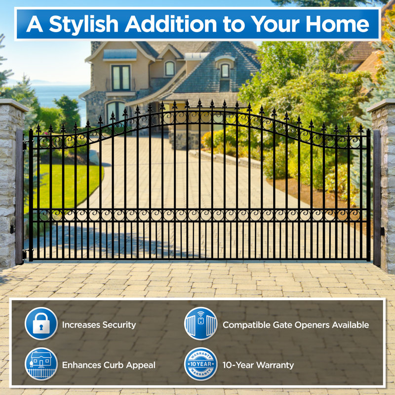 London Style Black Steel Arched Driveway Gate with Pointed Pickets