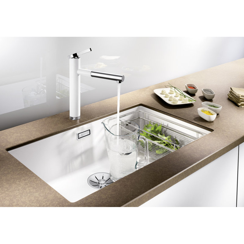 Linee Pull Out Single Lever Monobloc Tap, White silgranit/Chrome