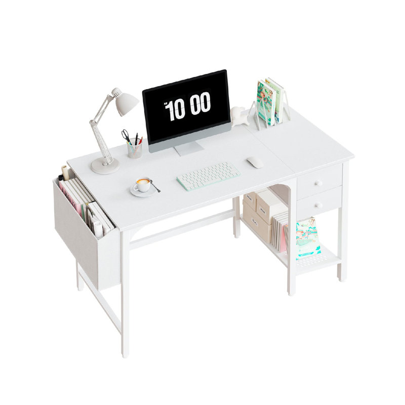 White Small Desk With Drawers - 40 Inch Computer Desk For Small Space Home Office, Modern Simple Study Writing Table PC Desks