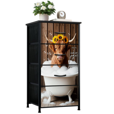 Dresser for Bedroom with 4 Storage Drawers Highland Cow Funny Cow Sunflower Animal Cow Brown Sunflower Crown Dressers Chest of Drawers Steel Framed Fabric Closet Organizers for Dorm Entryway