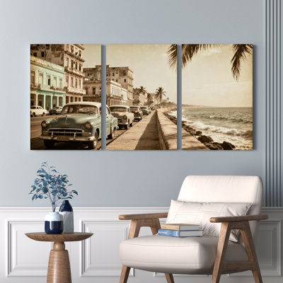Vintage Cuban Street Scene with Classic Cars and Ocean View Canvas Wrapped Wall Art Oil Painting Print Set of 3