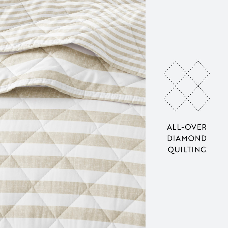 Natural Beige and White Striped Microfiber Full Quilt Set