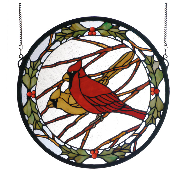 Cardinals and Holly Medallion Stained Glass Window