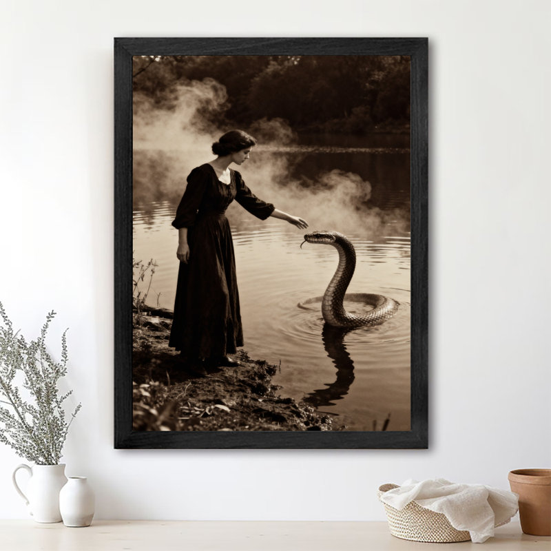 Art rétro encadré noir, fille et serpent, impressions de style rétro, H 17 po x l 13 po