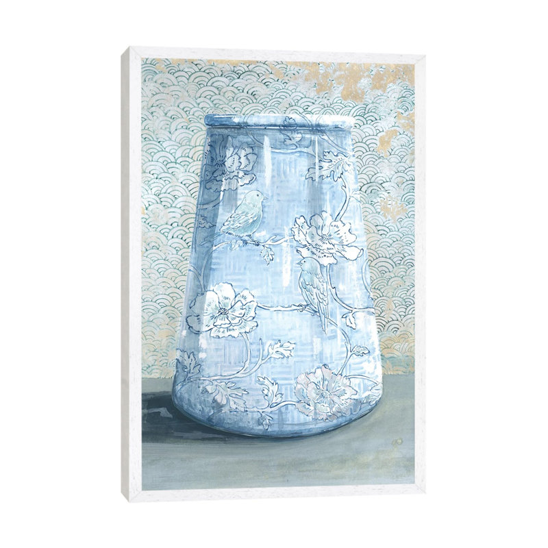 Blue China Vase by Miri Eshet - Painting on Canvas, 152.5 cm H x 101.5 cm W, White Framed