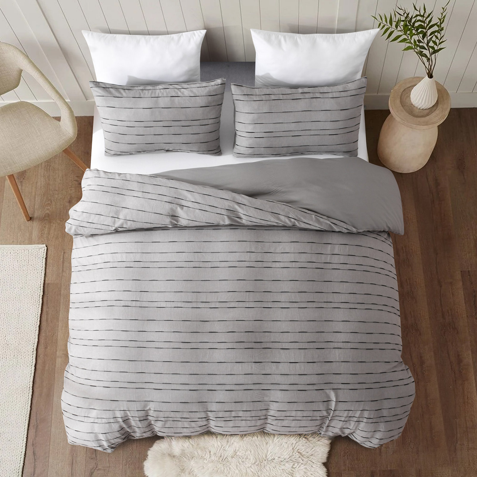Zari Cotton Duvet Cover Set, Queen Duvet Cover + 2 Shams, Gray