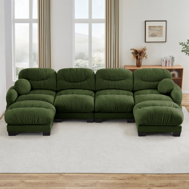Pleated Design Cozy Chenille Fabric 4 Seater Modular Sofa with High-Density Ergonomic Foam Seat, U Shape Sectional Couch with 2 Ottomans, Curved Round Armrests and 2 Round Throw Pillows,Green