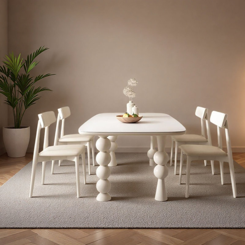 French Cream Solid Wood & Rock Table, 7 Pieces: Table. 6 Chairs, 29.5" H x 70.9" W x 31.5" D