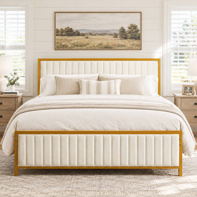  Upholstered Platform Bed Frame with Vertical Channel Tufted Headboard and Footboard, Full Size Heavy-Duty Metal Slat Mattress Foundation, No Box Spring Needed, Beige