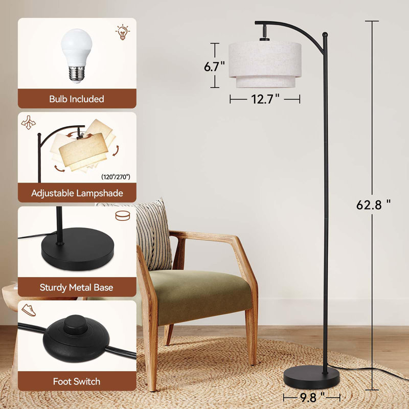 Lampe sur pied à arc 3 températures, Noir