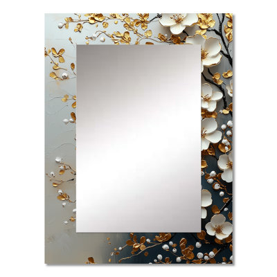 Gold Blue Bonzai Blossom Branch II - Cherry Blossom Unique Wall Mirror Decor, Traditional Large Mirror, Printed Metal Art