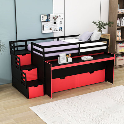 2 Drawers Wooden Loft Bed with Twin Trundle and Pull-Out Desk