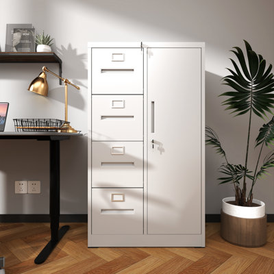 Classeur vertical en acier blanc avec serrure et 4 tiroirs - Construction, environnement de travail paisible, assemblage facile