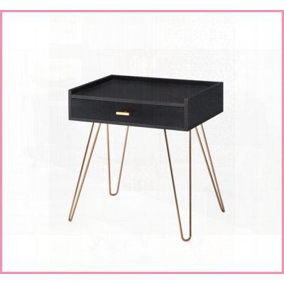Table basse Mid-Century en bois aggloméré noir mat avec pieds en épingle à cheveux en cuivre - tiroir de rangement et amp; Facile à nettoyer
