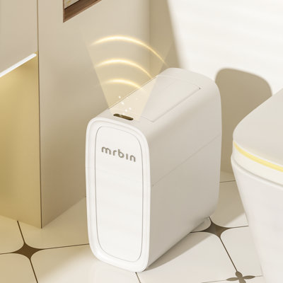 MRBIN Motion Sensor Bathroom Trash Can with Butterfly Lid, 12L/3.17gal Automatic Slim Adsorption Electric Plastic Waste Narrow Basket for Near Desk Office, Bedroom, Kitchen, Rv, White