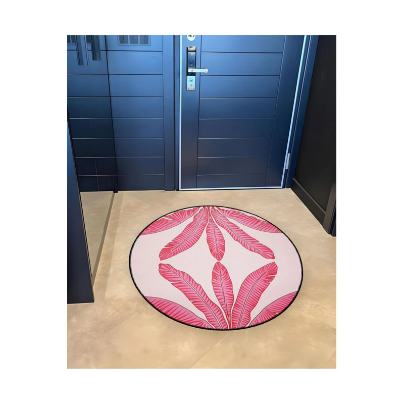 Powder Pink Tropical Leaves Patterned Round Woven Base Modern Decorative Carpet, Round 2'8"