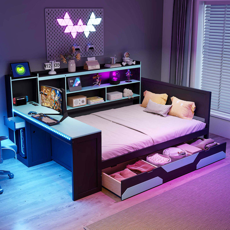Full Size Gaming Daybed with Integrated Desk and Lights, Modern Wooden Bed Frame with 3 Storage Drawers and Built-in Charging Station, Multi-Functional Headboard Bookcase, Black+Blue