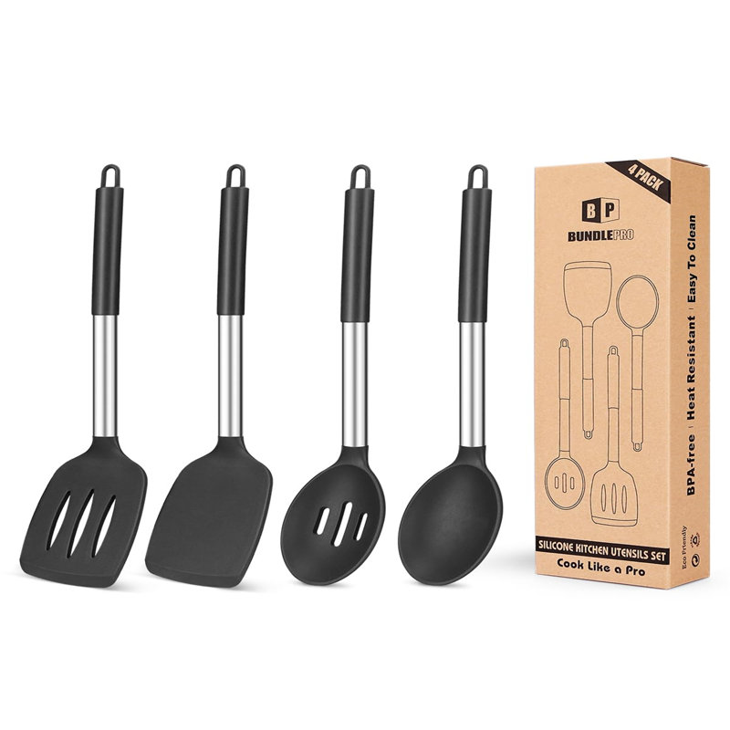 4-Piece Silicone Cooking Utensil Set, Non-Stick Large Solid Spatula, Heat Resistant Slotted Spoon, Ideal Kitchen Spatula