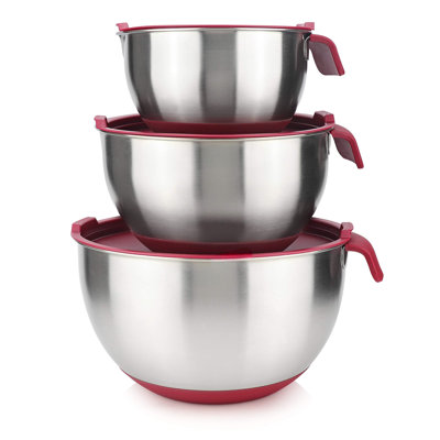 Bols à mélanger en acier inoxydable 18/10 avec couvercles, bols en silicone antidérapants avec poignée, ensemble de bols à mélanger avec becs verseurs et marques de mesure, bols de cuisine essentiels pour la maison (rouge)