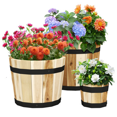 Set of 3 Outdoor Wooden Flower Boxes Whiskey Barrel Planters with Acacia Wood Frame