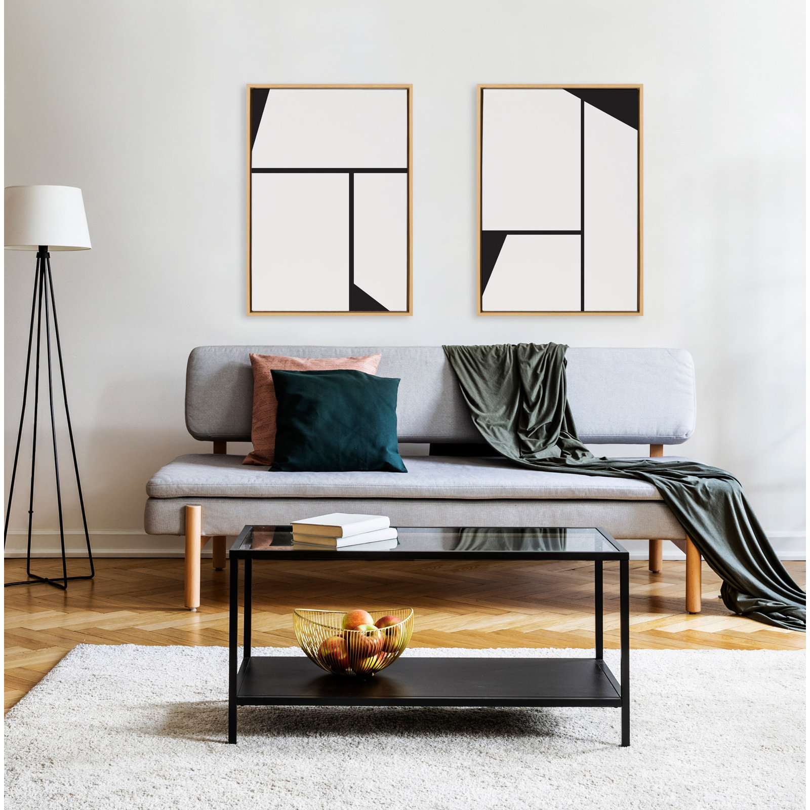 Bauhaus Sleek Abstract Painting, Natural Frame, 33" W x 23" H