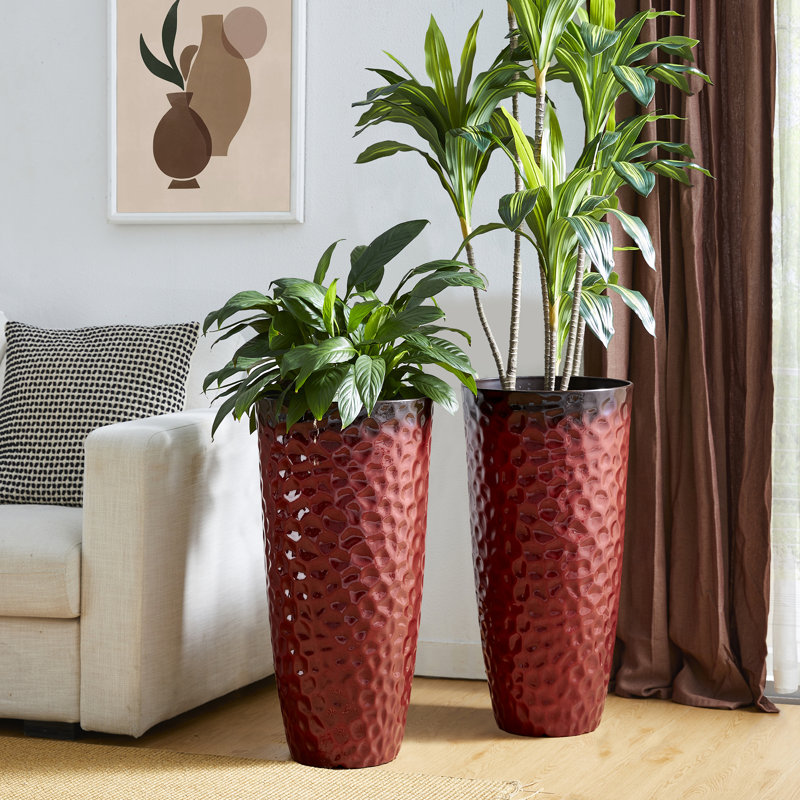 31"H Set Of 2 Oversized Eco-Friendly PP And Stone Honeycomb Textured  Tall Plastic Planter, Red
